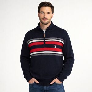 U.S. Polo Assn Sweater XL Navy Striped Long Sleeve 1/4 Zip Pullover 100% Cotton